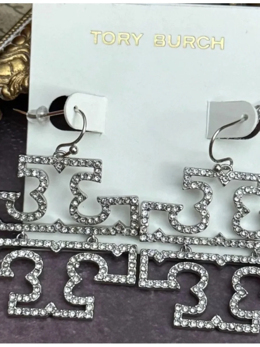 TORY BURCH • Silver Britten Crystal Logo Drop Earrings